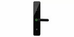 Black electronic door lock with keypad and green illuminated handle, smart security device