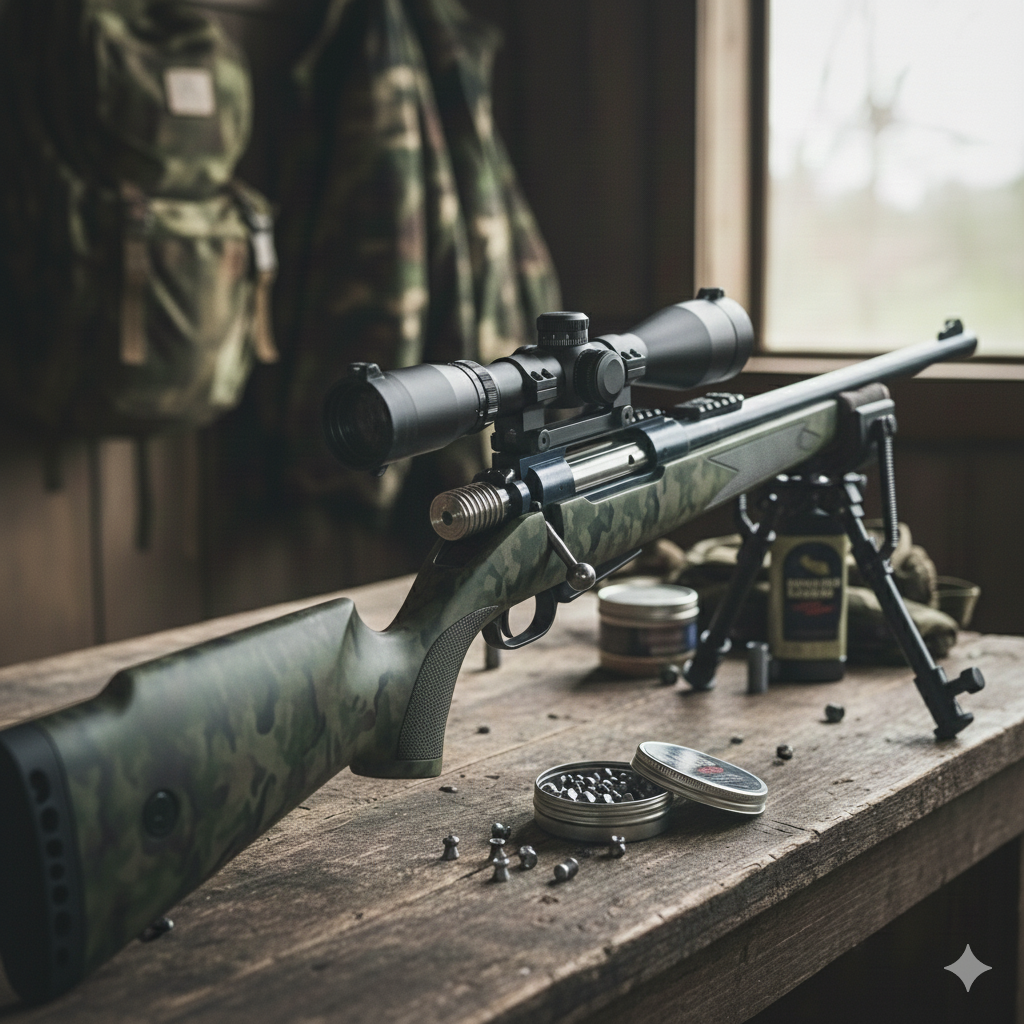 Camouflage air rifle with scope, pellets, and accessories on wooden table in rustic setting