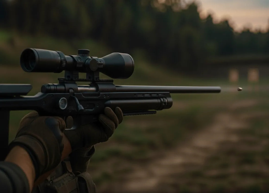 Shooter aiming a scoped air rifle outdoors, pellet visible in mid-air