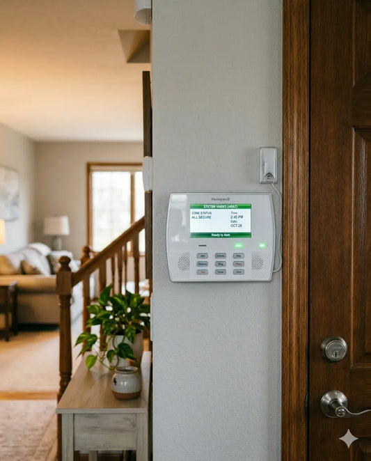 Home security alarm keypad installed near front door in residential interior