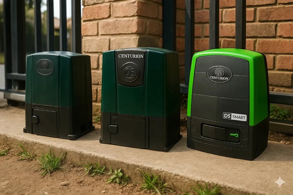 Centurion automatic gate motors installed outdoors beside a metal fence and brick wall