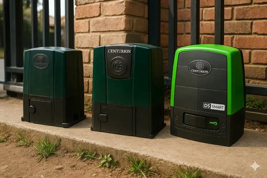 Centurion automatic gate motors installed outdoors beside a metal fence and brick wall