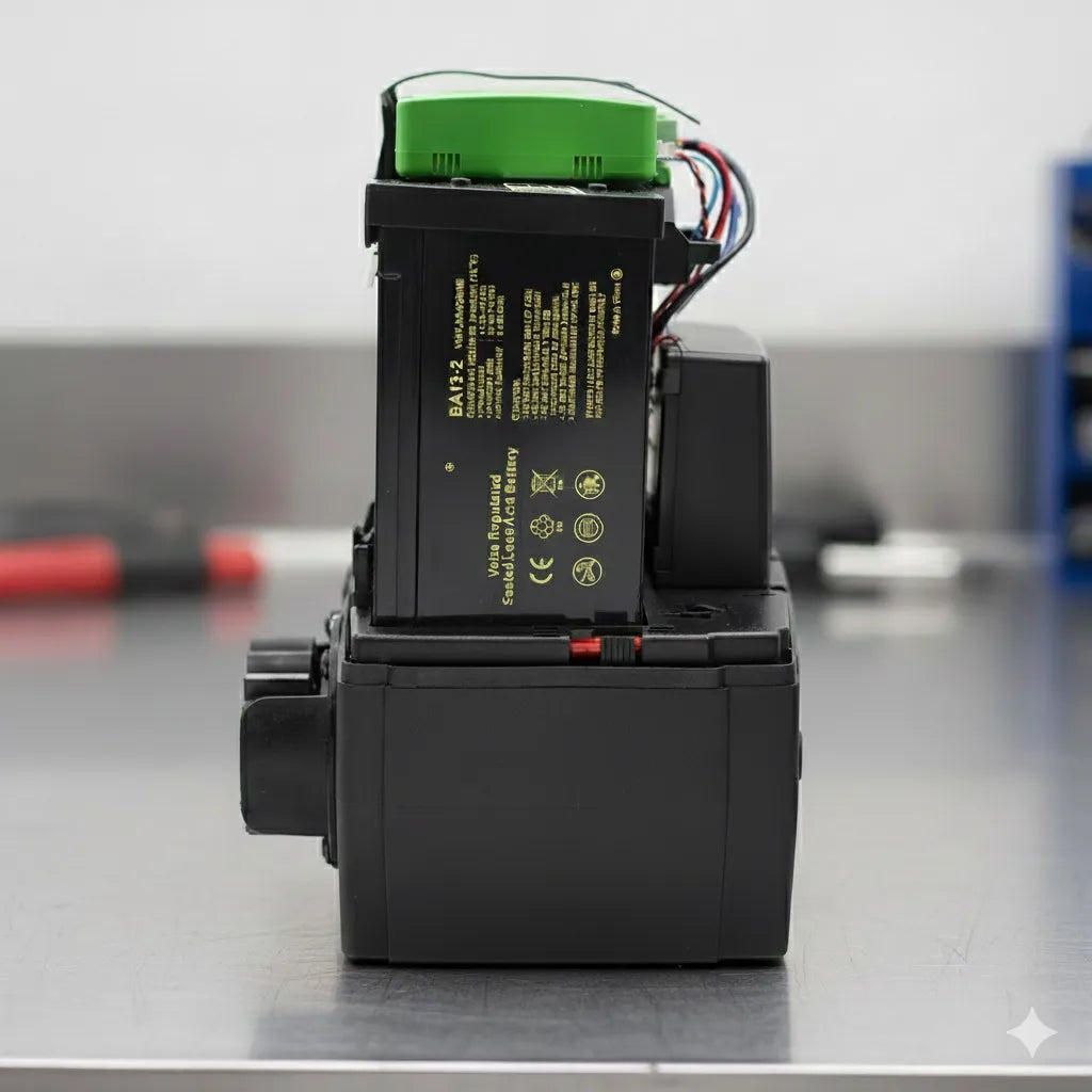 Close-up of a gate motor battery and wiring on a metal workbench for security systems.