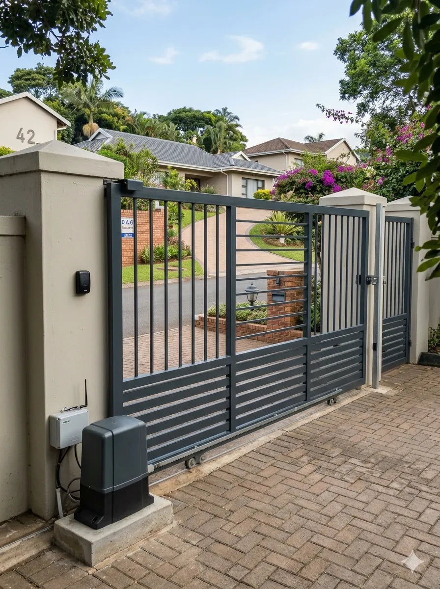 Automated sliding security gate with motor at residential driveway entrance