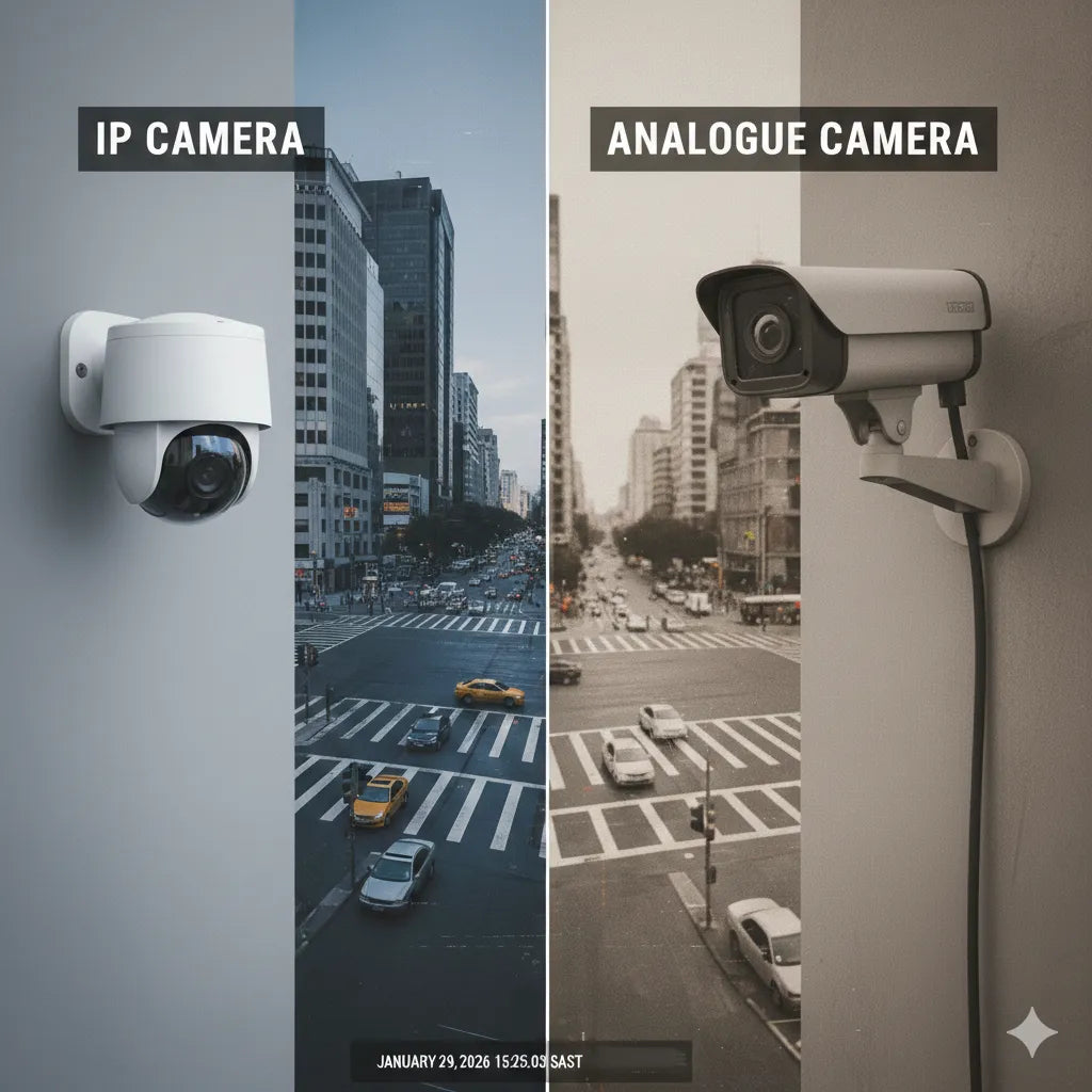 Comparison of IP camera vs analogue camera on a city street intersection, color and black-and-white views.