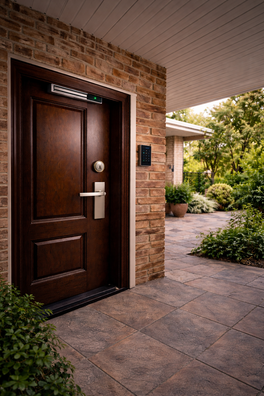 Front door with electromagnetic maglock, keypad access panel, and secure entry system