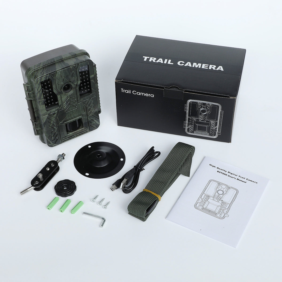 Wildguard BST880-style trail camera kit with camouflage camera and accessories
