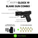 Kuzey Glock 19 blank gun combo with holster and 15 OZK blank rounds displayed on white background.