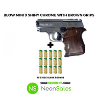 Shiny chrome compact pistol with brown grips and 10 gold blank rounds, security product display