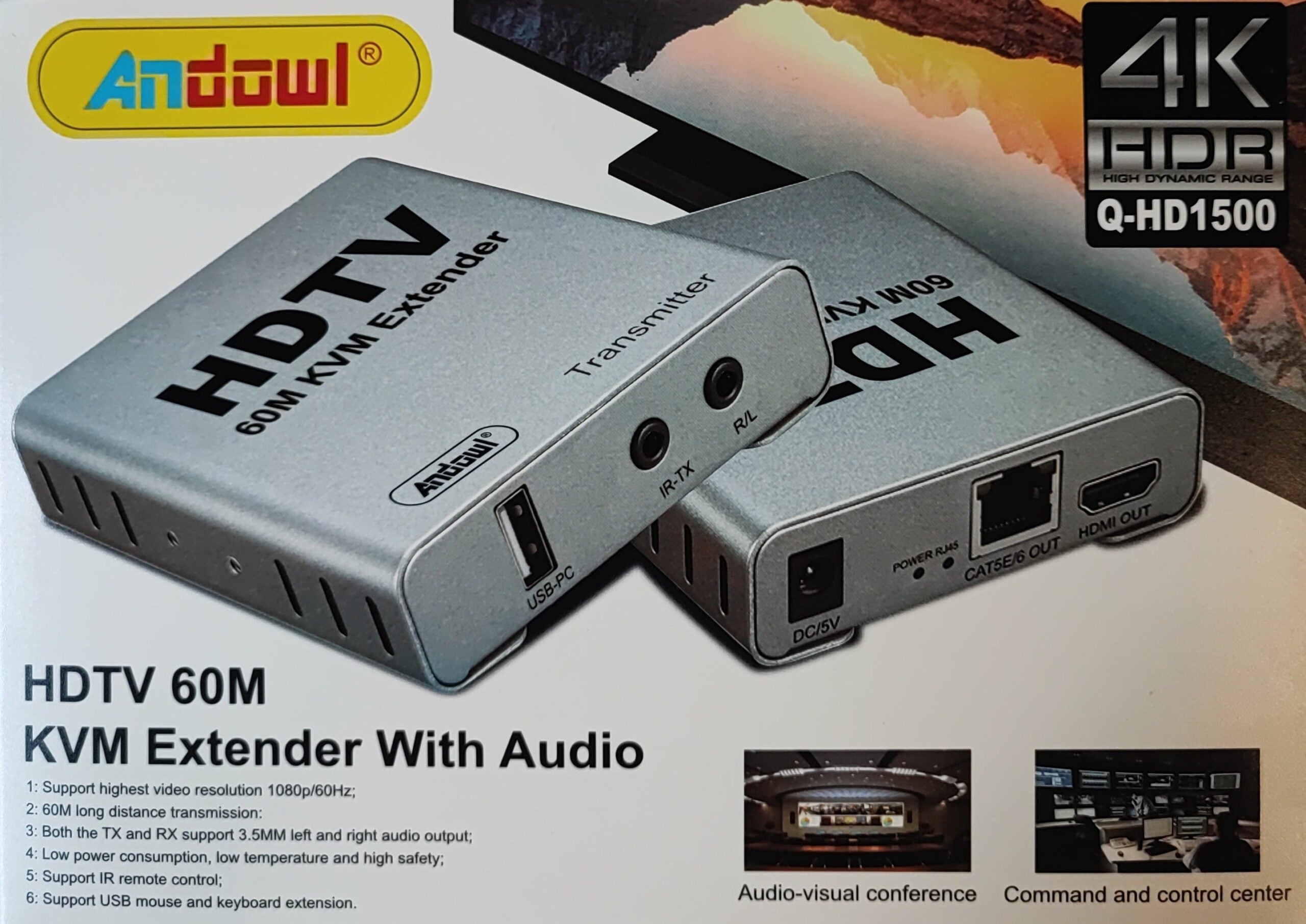 ANDOWL HDTV 60M KVM EXTENDER, RX+TX SET - Q-HD1500