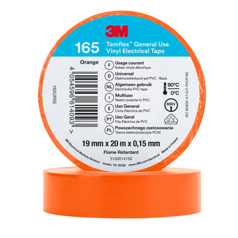 3M Temflex 165 orange multi-purpose vinyl electrical tape 19mm x 20m