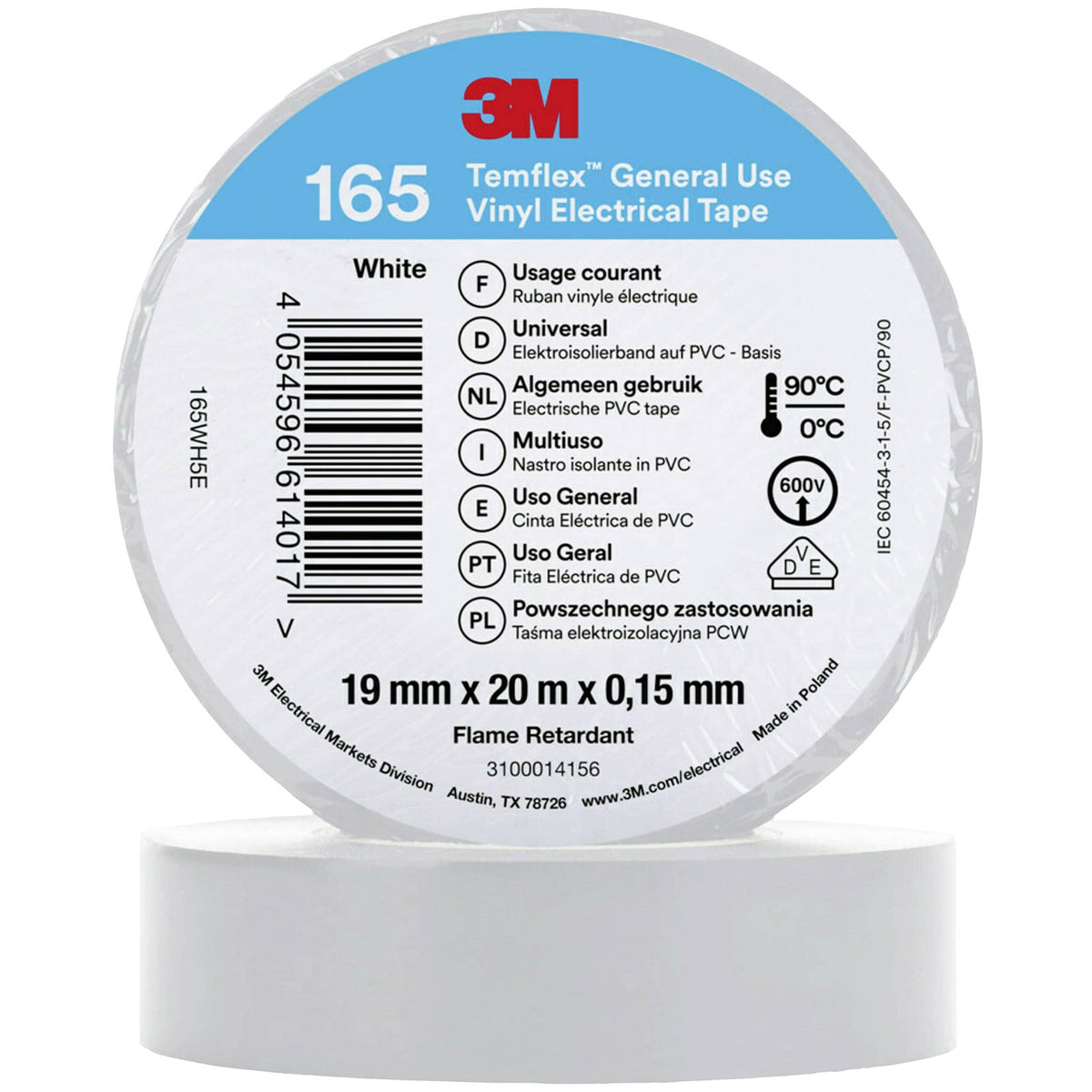 3M Temflex 165 white multi-purpose vinyl electrical tape 19mm x 20m