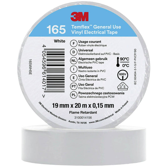 3M Temflex 165 white multi-purpose vinyl electrical tape 19mm x 20m