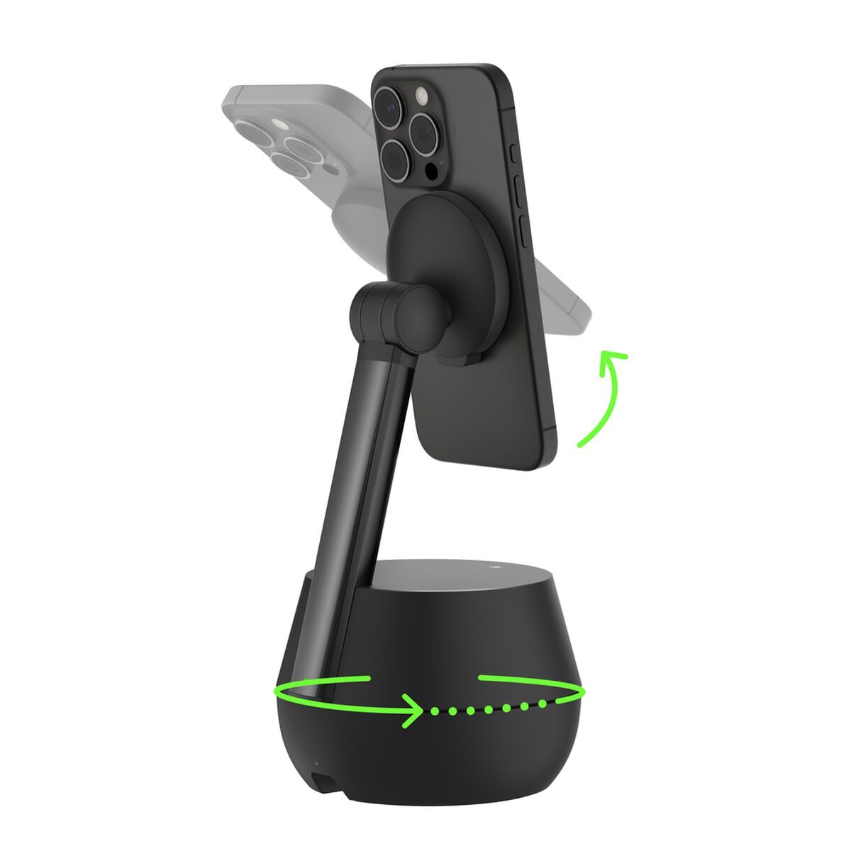 Belkin Auto-Tracking Stand Pro showing 360° rotation and tilt