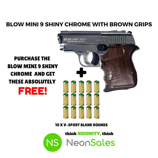 BLOW MINI 9 SHINY CHROME W/BROWN GRIPS + 15 BLANKS