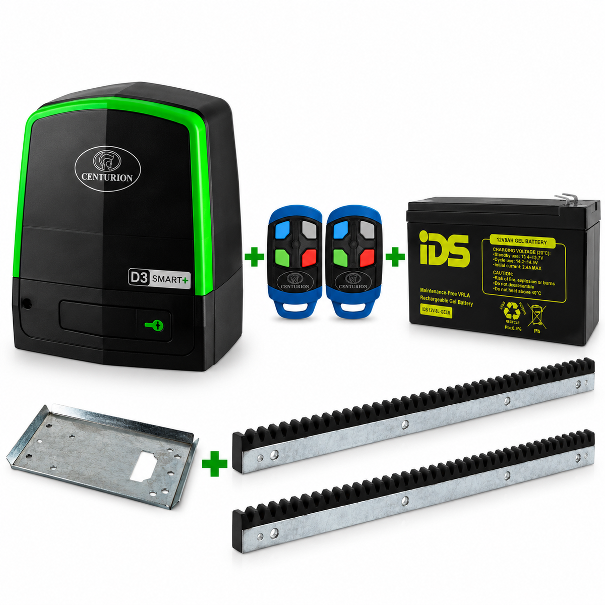 COM7772 Centurion D3 SMART+ complete kit with two remotes, IDS 12V 8Ah GEL battery, base plate and two galvanized nylon racks