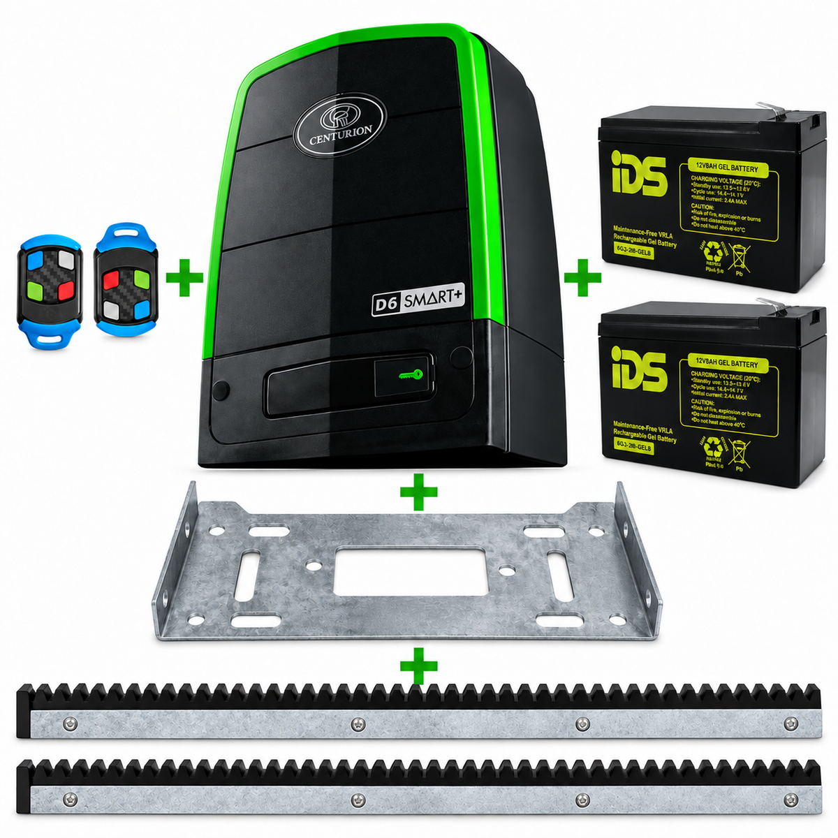 CENTURION D6 SMART+ GATE MOTOR COMBO + 2 BATTERIES + BASE PLATE + 2 RACKS + 2 REMOTES