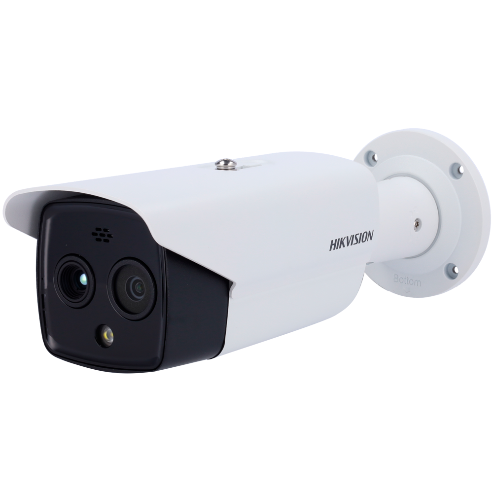 Hikvision outdoor security CCTV camera with dual lenses and wall-mount bracket