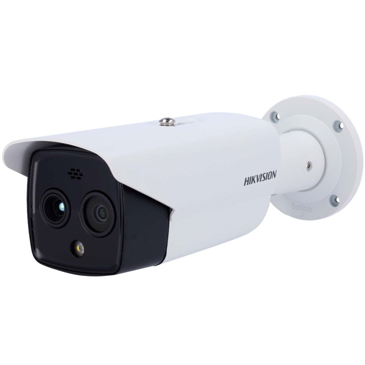 Hikvision outdoor thermal CCTV security camera with dual lenses in a white housing