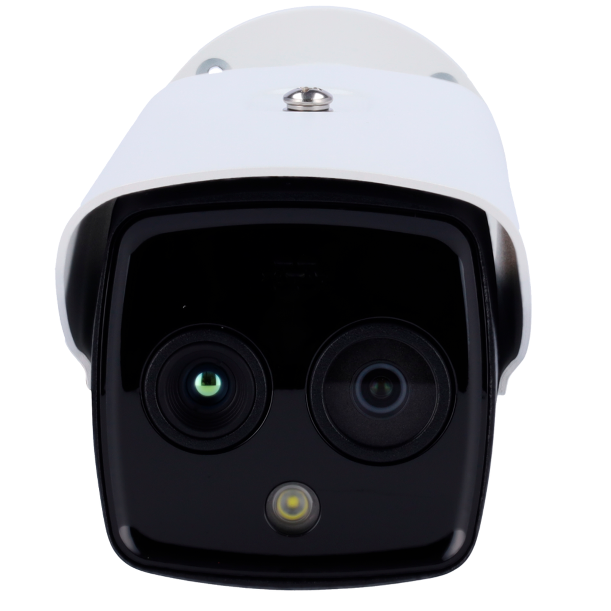 Dual lens security CCTV camera with infrared LED and white housing, close-up front view