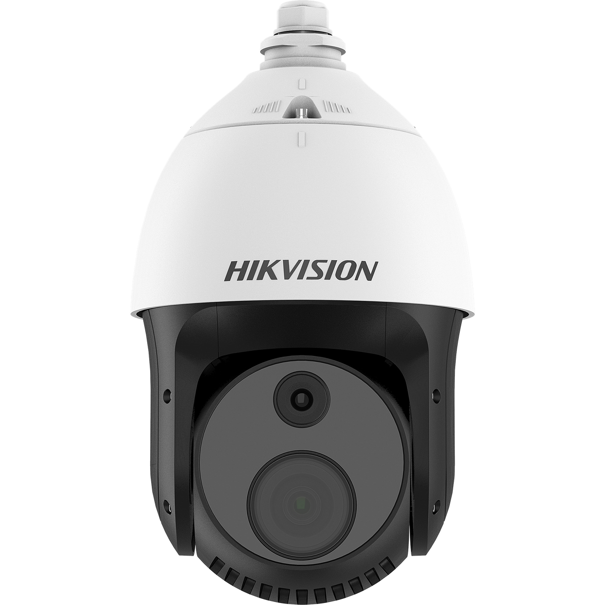Hikvision white dome CCTV security camera with black lens, front view