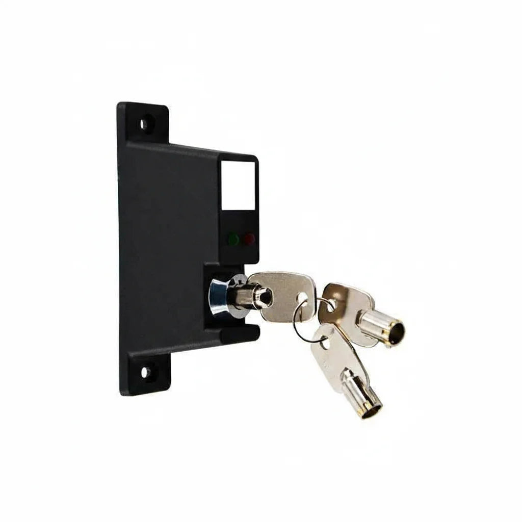 Black gate motor key switch panel with two silver keys, security accessory