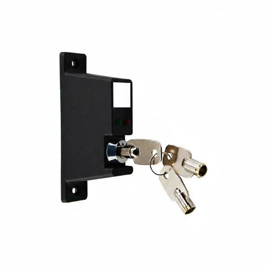 Black gate motor key switch panel with two silver keys, security accessory