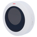 Round white and black wireless security sensor with red indicator light