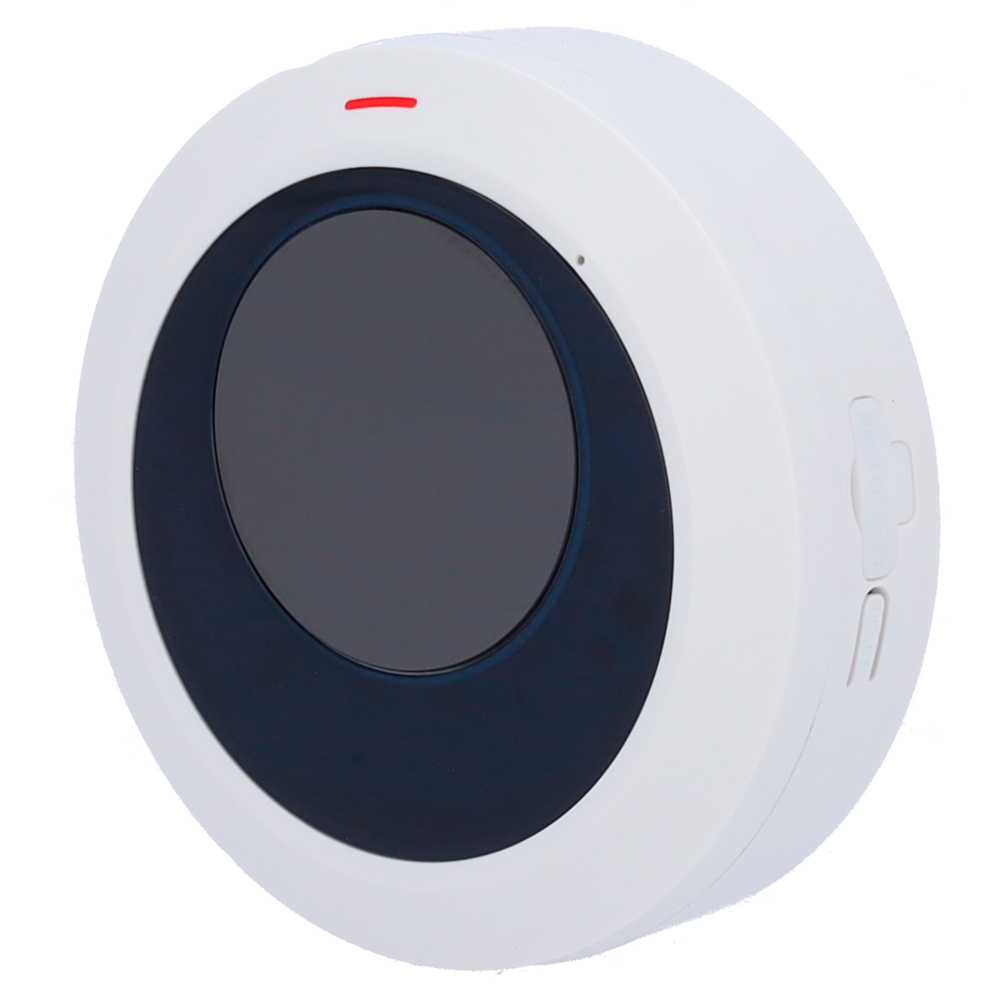 Round white and black wireless security sensor with red indicator light