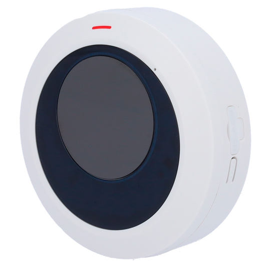 Round white and black wireless security sensor with red indicator light