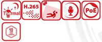 Thermal camera icons showing thermal detection, H.265, human detection, microphone, PoE, and 10-year warranty.