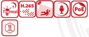Thermal camera icons showing thermal detection, H.265, human detection, microphone, PoE, and 10-year warranty.
