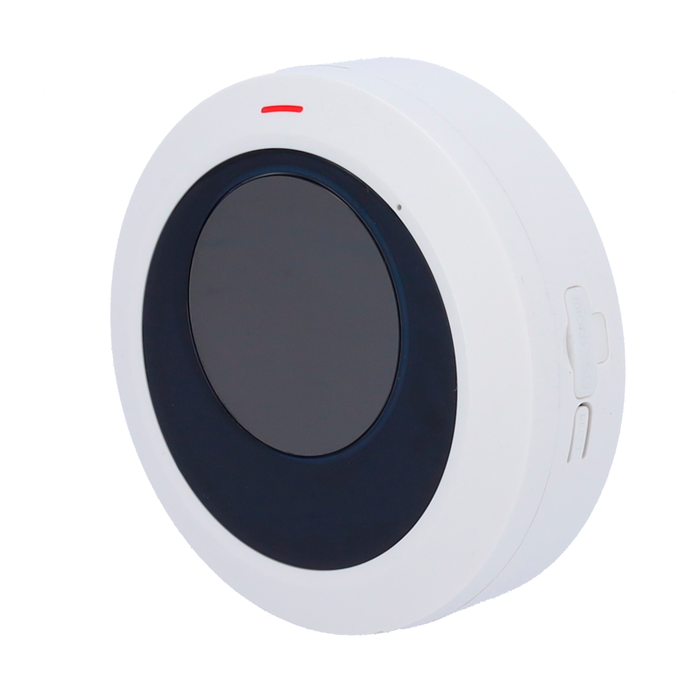 round white motion sensor detector with black center and red indicator for security system