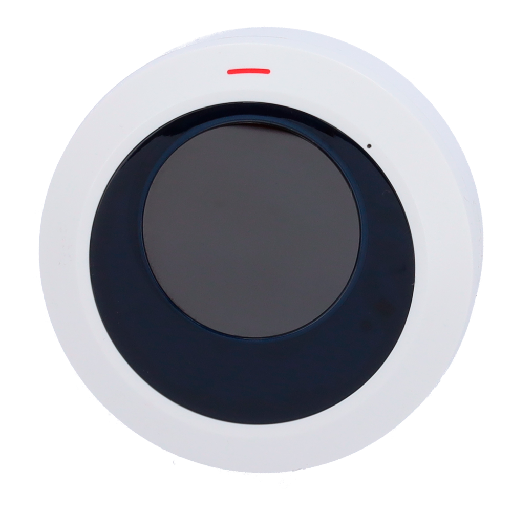 Round motion sensor with white frame and black center for home security alarms