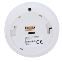 Rear view of a white thermal presence detector with model label and USB-C port