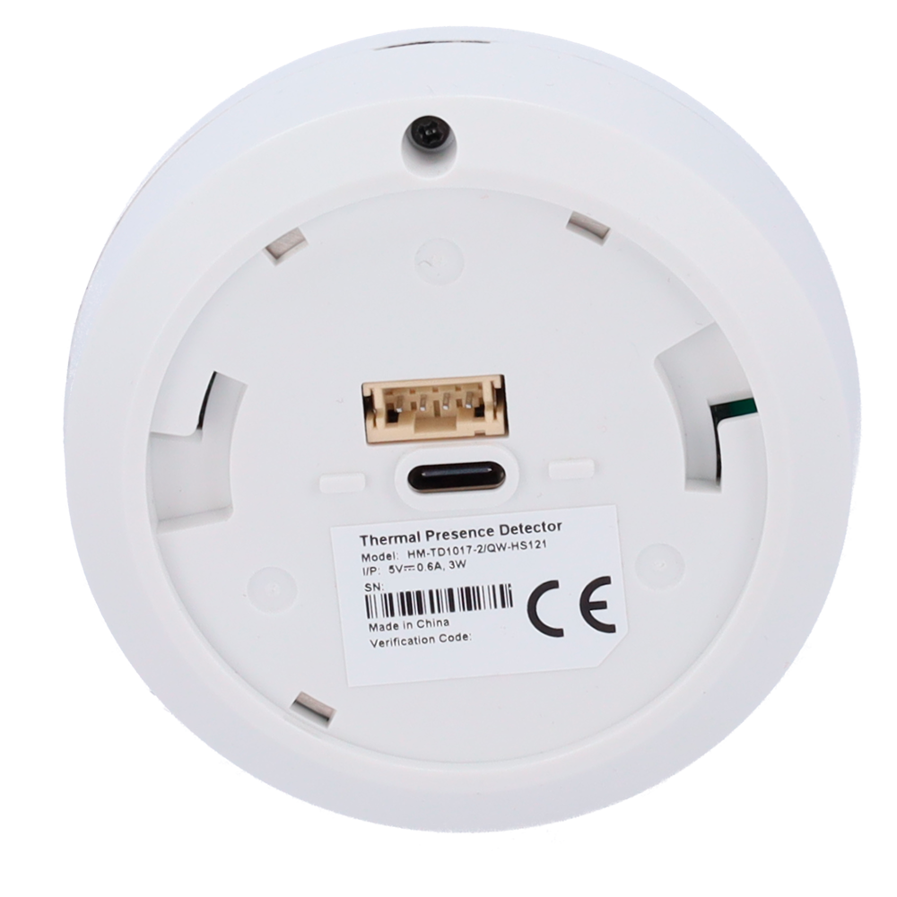 Rear view of a white thermal presence detector with model label and USB-C port