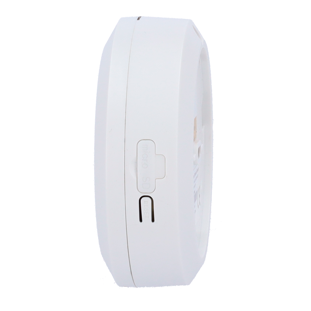 White round smoke detector with micro SD card slot and reset button, side view