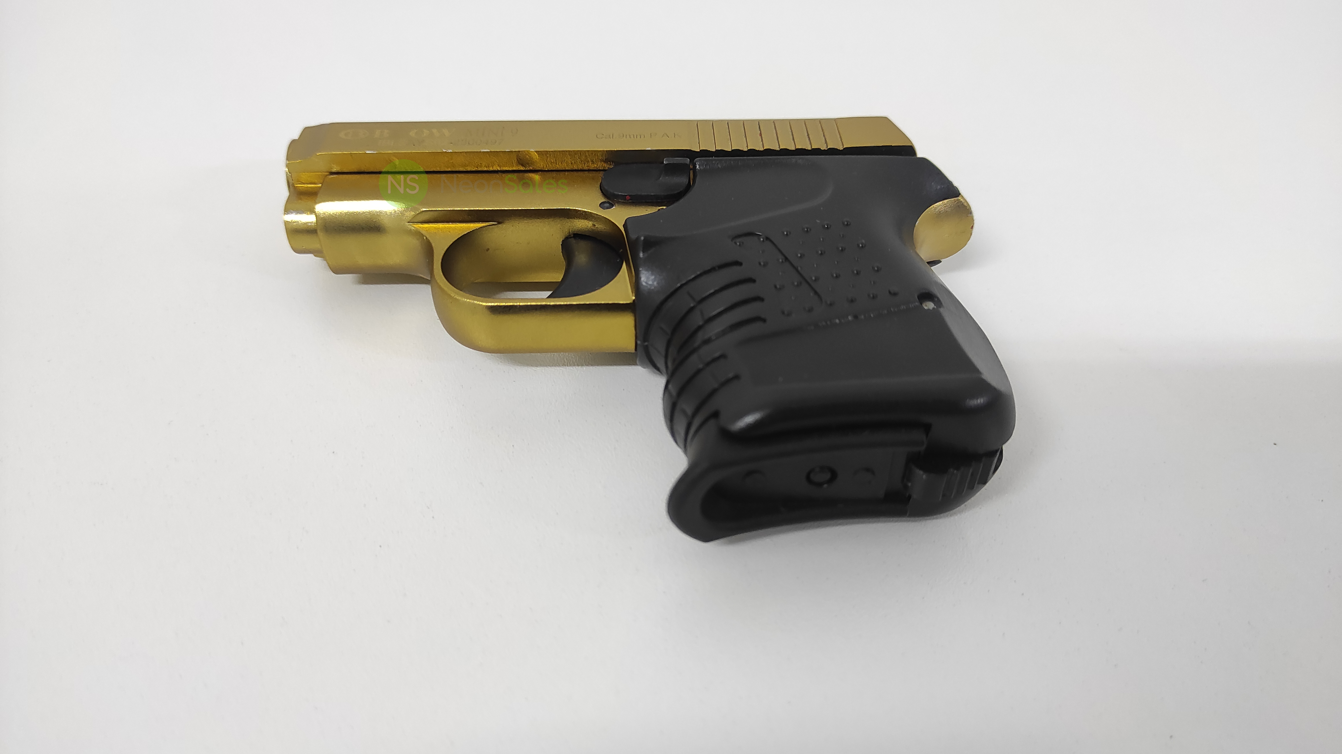 BLOW MINI 9 BLANK GUN - GOLD W/ BLACK GRIPS &