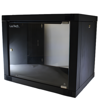 Black wall-mount server cabinet with glass front door and LesTech logo, ideal for network equipment.