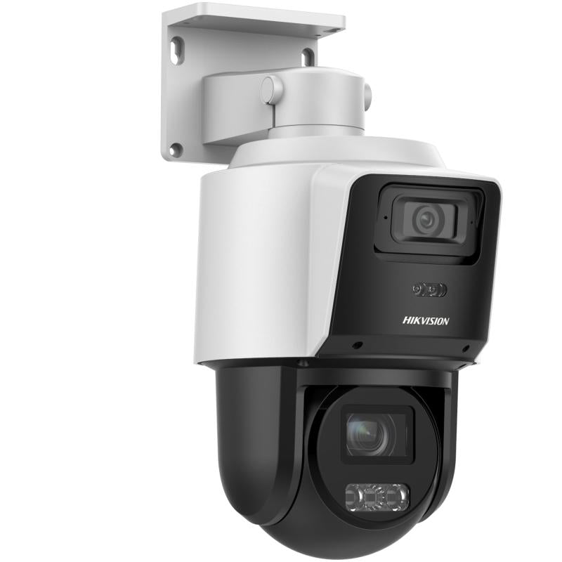 Outdoor security CCTV camera with pan tilt functionality mounted on wall bracket