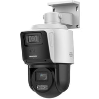 White Hikvision outdoor security IP camera wall mounted, features dual lenses and night vision.