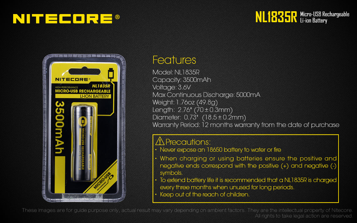 NITECORE NL1835R RECHARGE 3.7V BATTERY 3500MAH USB