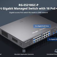 18-port gigabit managed network switch with 16 PoE+ RJ45 ports and 2 SFP ports