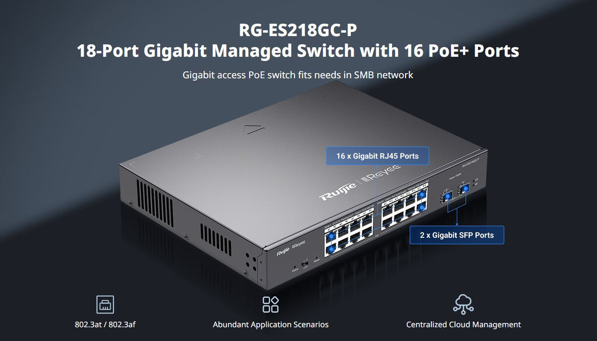18-port gigabit managed network switch with 16 PoE+ RJ45 ports and 2 SFP ports