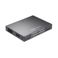 Network switch with multiple ethernet ports and SFP slots, black metal casing