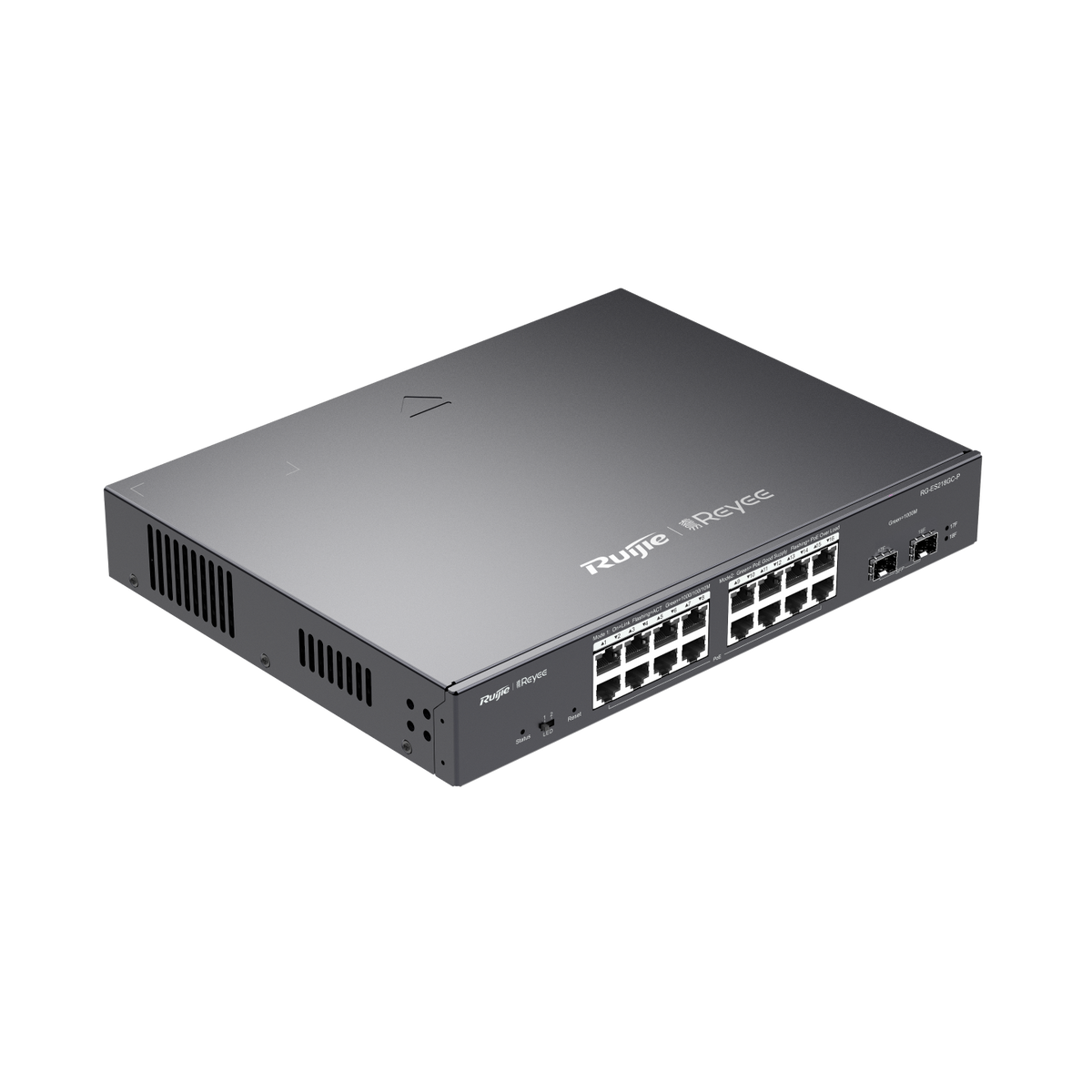 Network switch with multiple ethernet ports and SFP slots, black metal casing