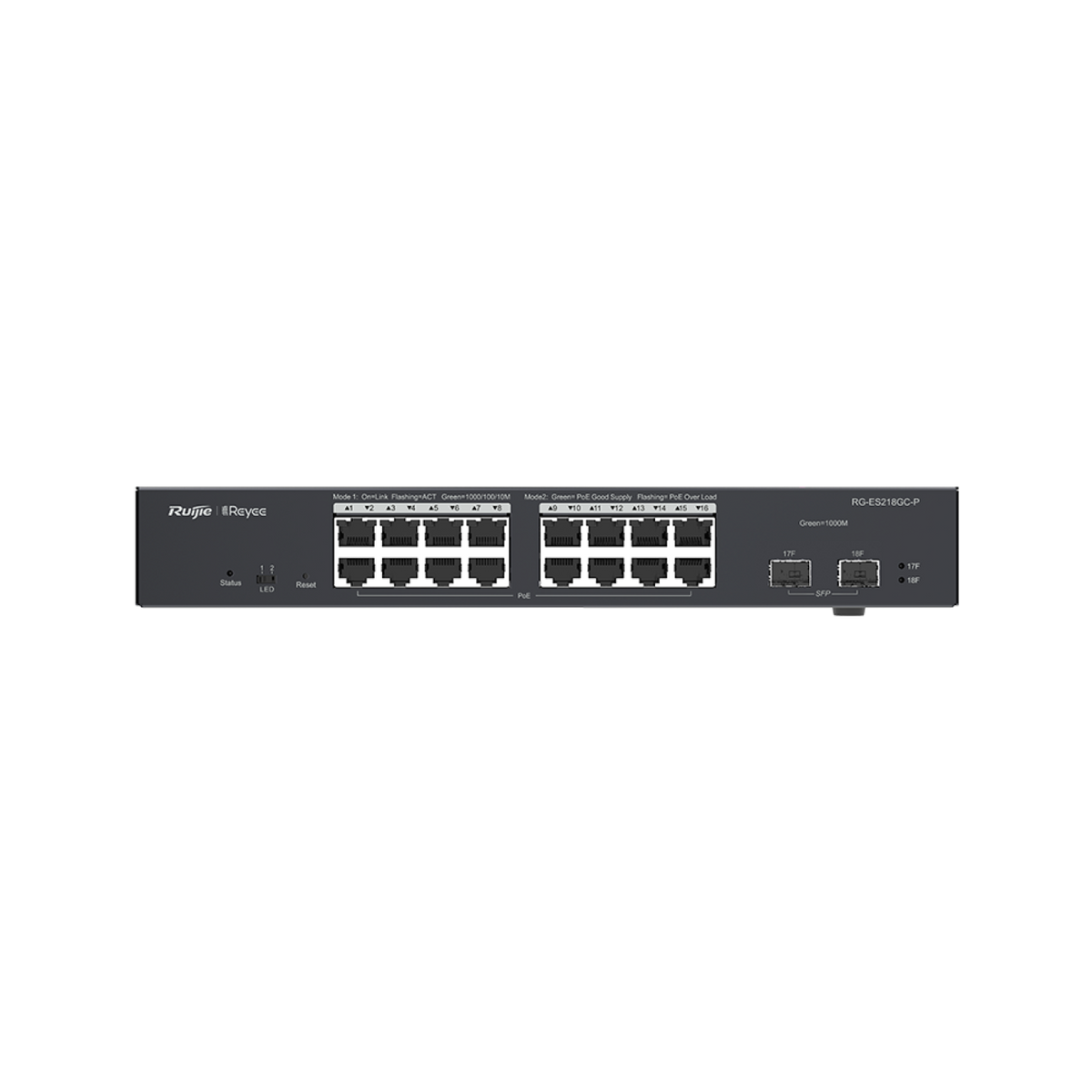 24 port network switch with PoE and two SFP ports, front view, for CCTV and security systems