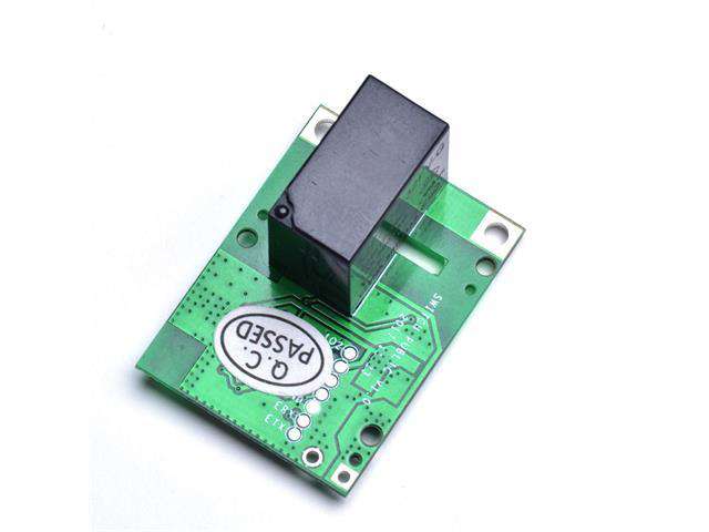 Closeup of a SONOFF 5V relay module PCB with QC Passed sticker, green circuit board