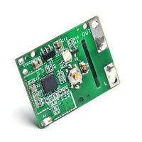 Green electronic circuit board with microchips, connectors, and labeled 5V DC input