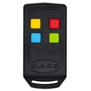 Black remote control with four colored buttons for gate or security system